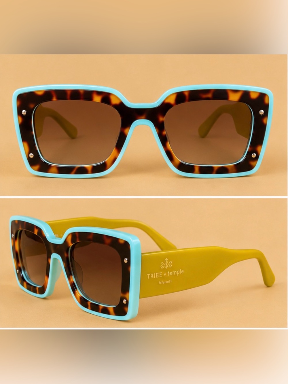 Deco Tortoise Square Sunglasses chartreuse with sky blue Trim